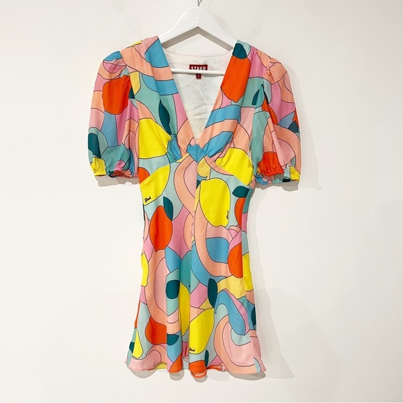 Staud Mini Milla Dress in Citrus Kaleidoscope Multicolor Puff Sleeve in Size 0 - Picture 13 of 16